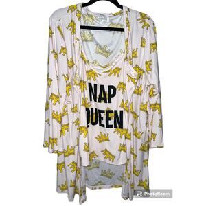 Mentally Exhausted 'Nap Queen' Pink Crown Sleep Pajama Shirt + Robe Size Large